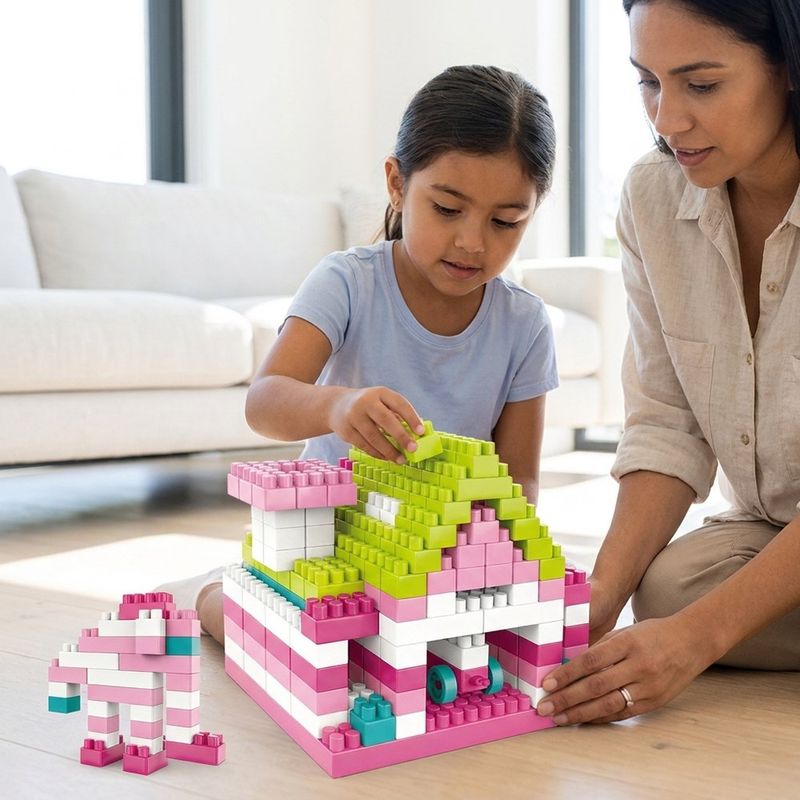 Bloques de Construcción Infantil en Caja con Asa Color Rosado para Niña 230 Piezas