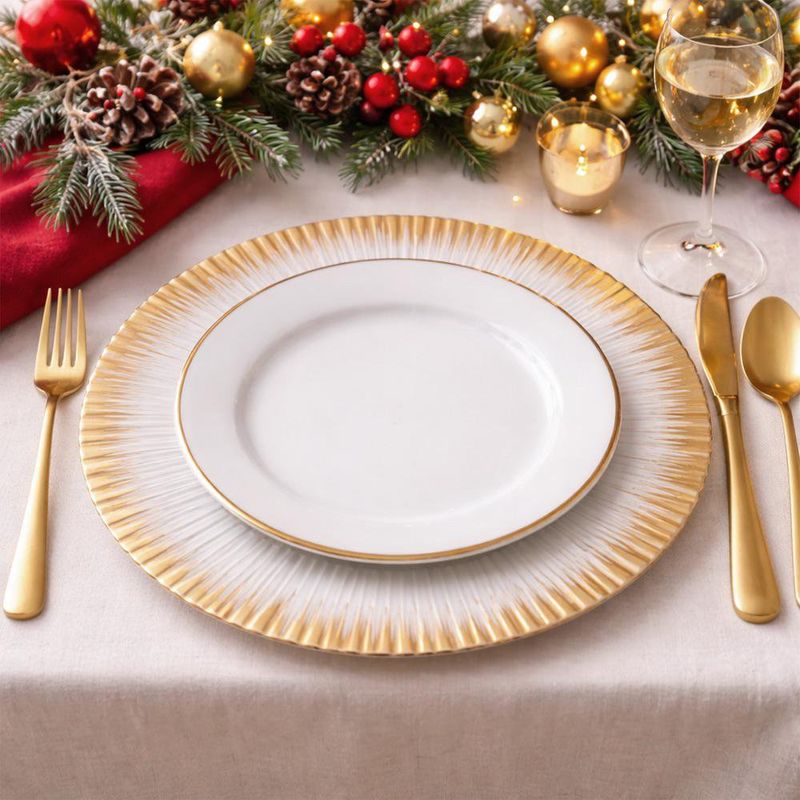 Plato Base Decorativo de Vidrio 33 cm Blanco con Orilla Dorada