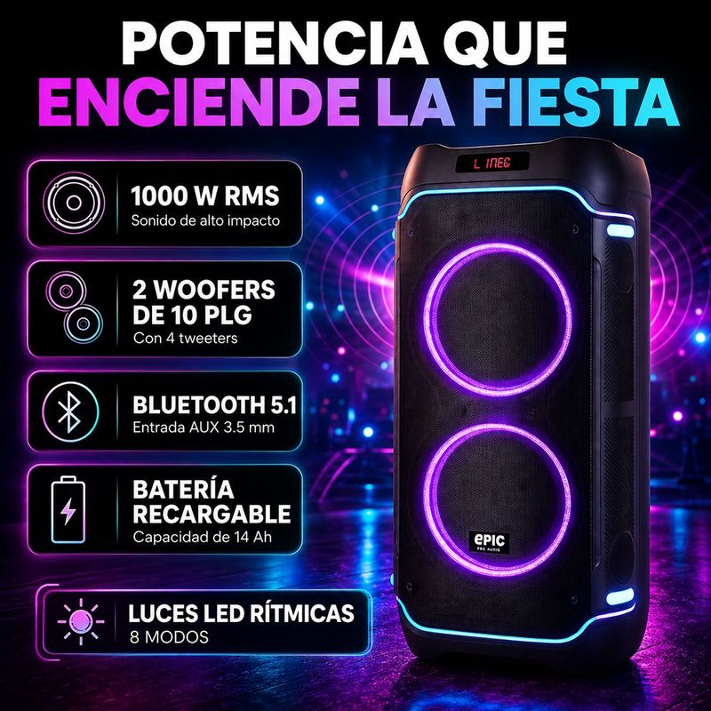 Bocina Portátil PB-210 con Batería Recargable 1000 W con Iluminación LED