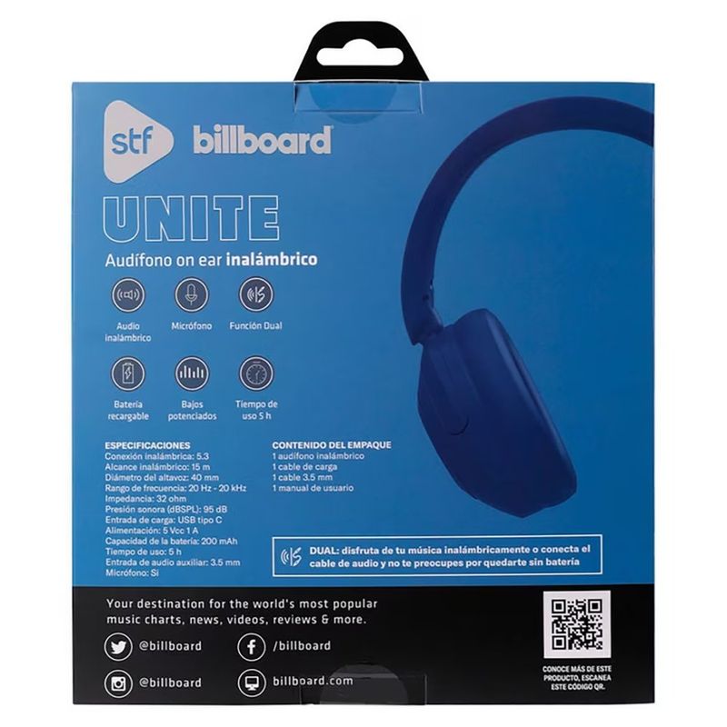 Audífonos Inalámbricos Unite On-Ear Bluetooth 5.3 con Entrada 3.5 mm y USB Tipo C en Color Azul