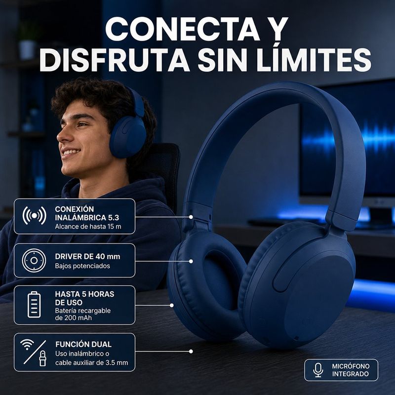 Audífonos Inalámbricos Unite On-Ear Bluetooth 5.3 con Entrada 3.5 mm y USB Tipo C en Color Azul
