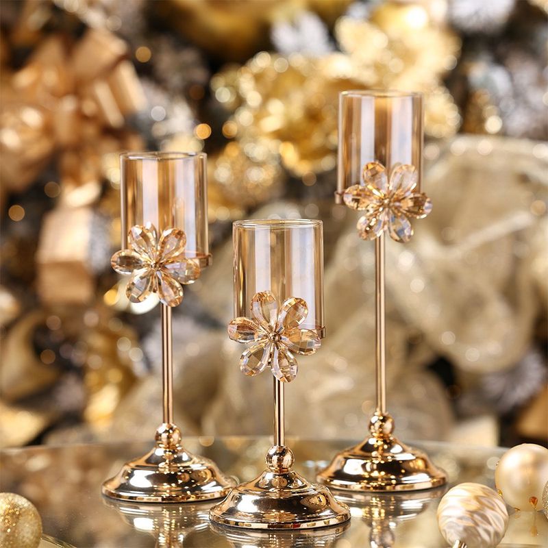 Candelero Decorativo con Flor Dorado y Traslúcido 30.5 cm