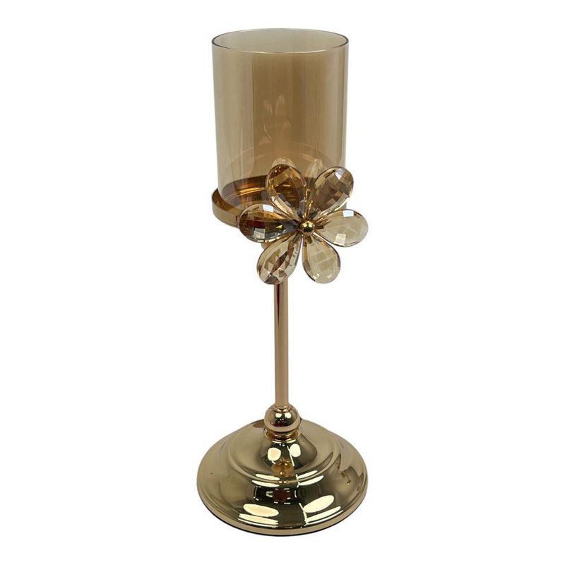 Candelero Decorativo con Flor Dorado y Traslúcido 30.5 cm