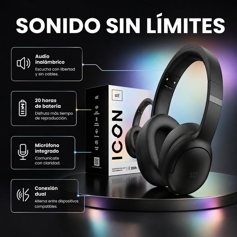 Audífonos Icon On Ear Inalámbrico con Entrada 3.5 mm Color Negro