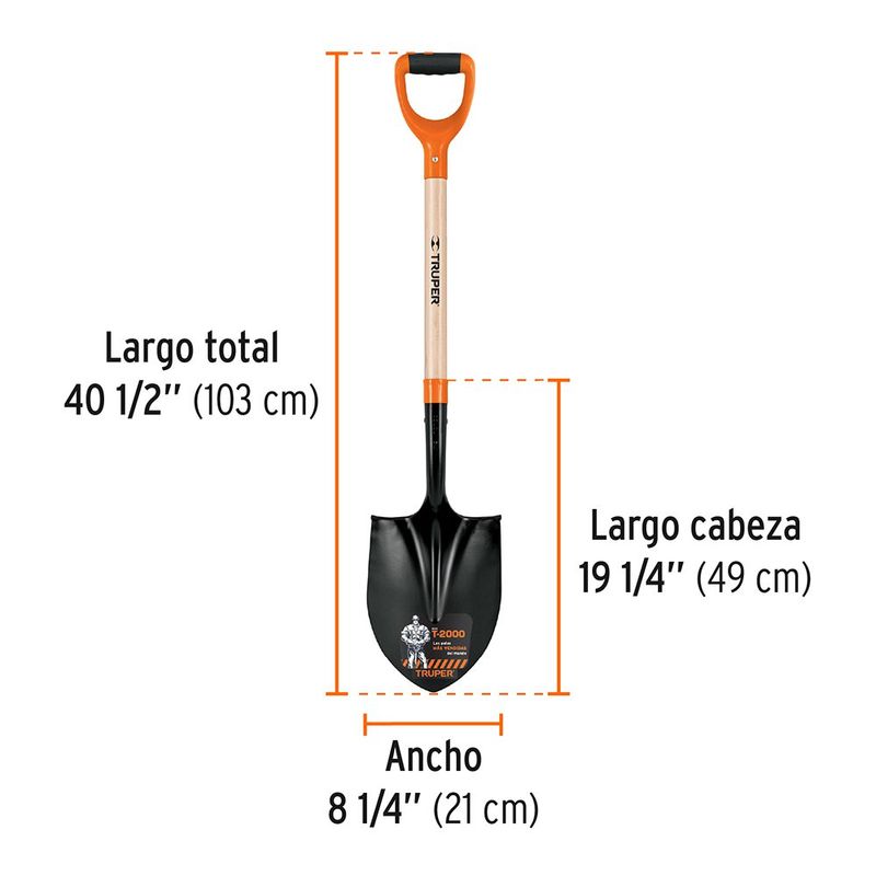 Pala Redonda de Acero con Puño Y Comfort Grip y Mango de Madera 40 Plg