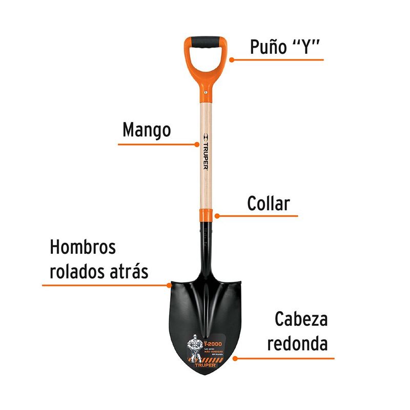Pala Redonda de Acero con Puño Y Comfort Grip y Mango de Madera 40 Plg