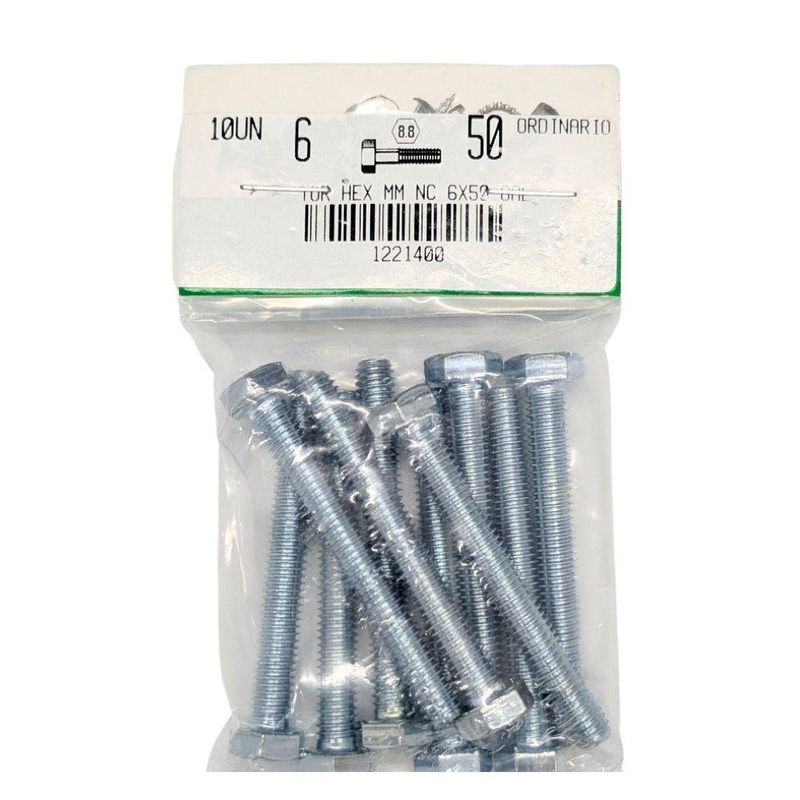 Tornillo Hexagonal Métrico Galvanizado M6 x 50 mm Rosca Gruesa en Bolsa de 10 Unidades
