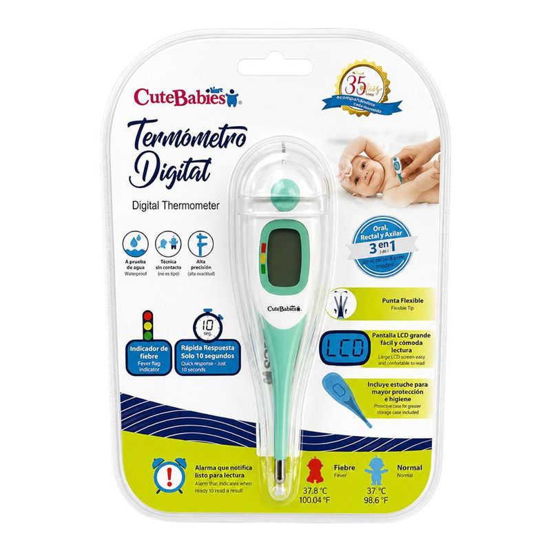 Termómetro Digital 3 en 1 para Uso Oral, Rectal y Axilar con Punta Flexible y Pantalla LCD, Color Turquesa