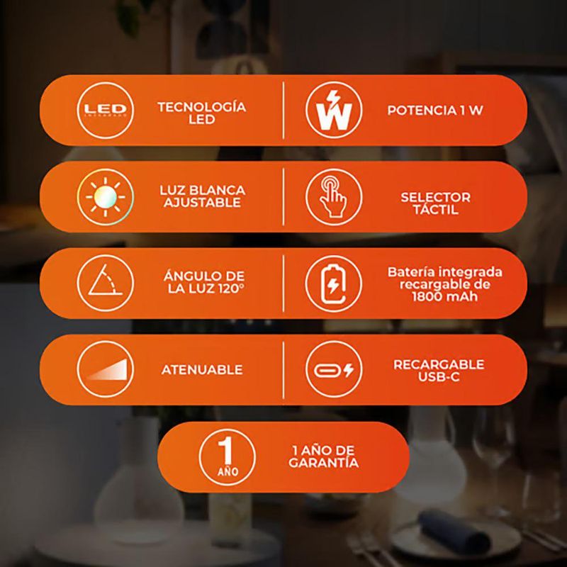 Lámpara de Mesa LED Recargable de 1 W CCT con Control Táctil y Asa en Color Blanco