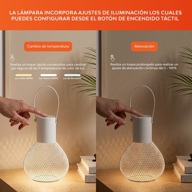 Lámpara de Mesa LED Recargable de 1 W CCT con Control Táctil y Asa en Color Blanco