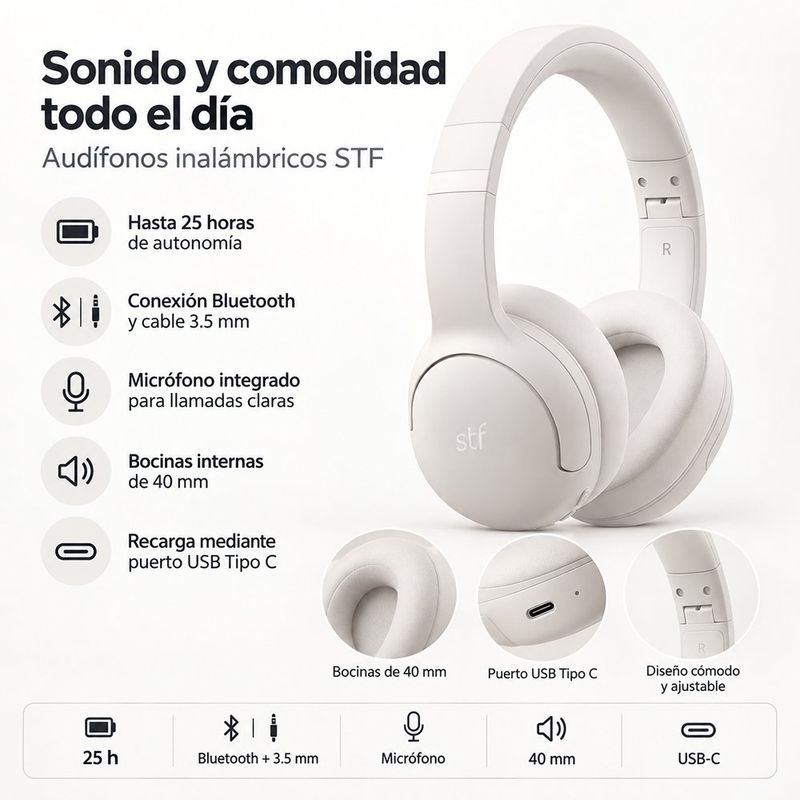 Audífonos Inalámbricos de Diadema Icon con Función Dual Bluetooth y Cable Auxiliar Color Blanco