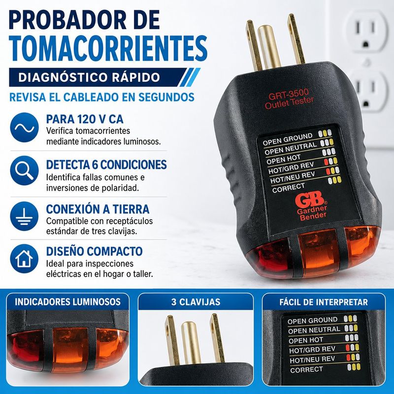 Tester de Tomacorriente con Indicadores LED para 120V CA en Color Negro