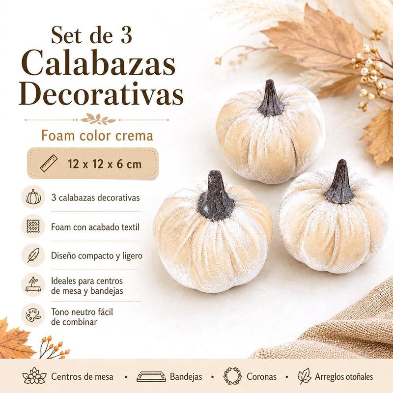 Set de 3 Calabazas Decorativas de Foam Color Crema 12 x 12 x 6 cm