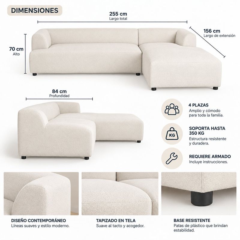Sofá Esquinero Lara para 4 personas en Color Beige de 255 x 156 x 70 Cm