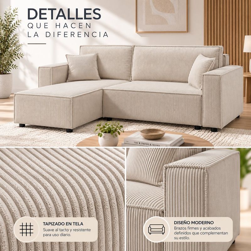 Sofá Esquinero July con Extensión Izquierda y Tapizado Acanalado Beige de 240 x 142 x 82 Cm