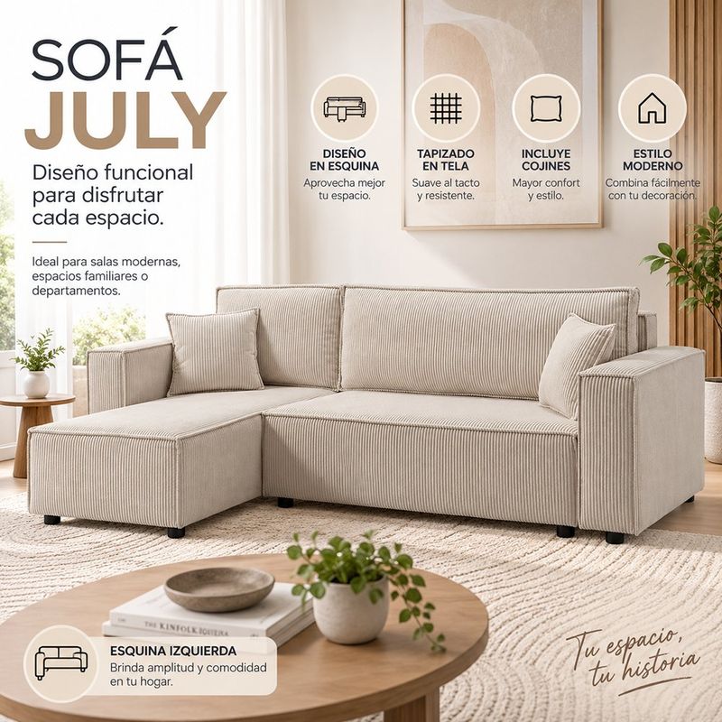 Sofá Esquinero July con Extensión Izquierda y Tapizado Acanalado Beige de 240 x 142 x 82 Cm