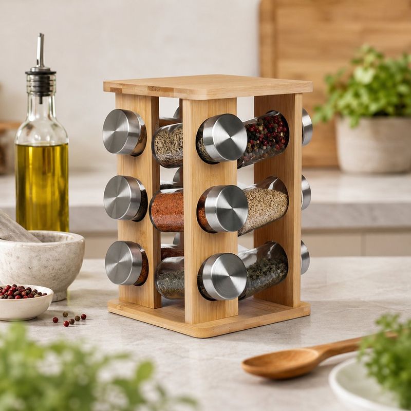 Porta Especias de Bambú con 12 Frascos de Vidrio para Cocina 15.4x23.5 Cm
