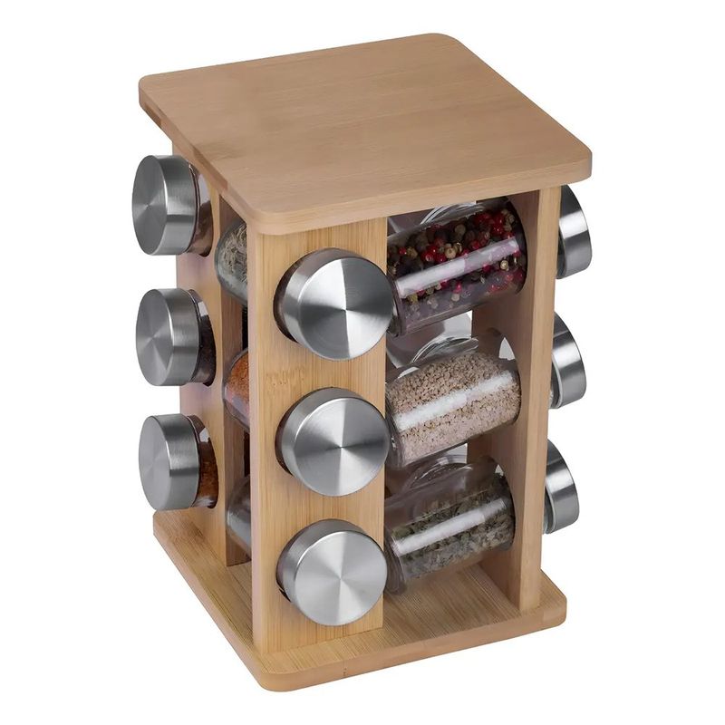 Porta Especias de Bambú con 12 Frascos de Vidrio para Cocina 15.4x23.5 Cm
