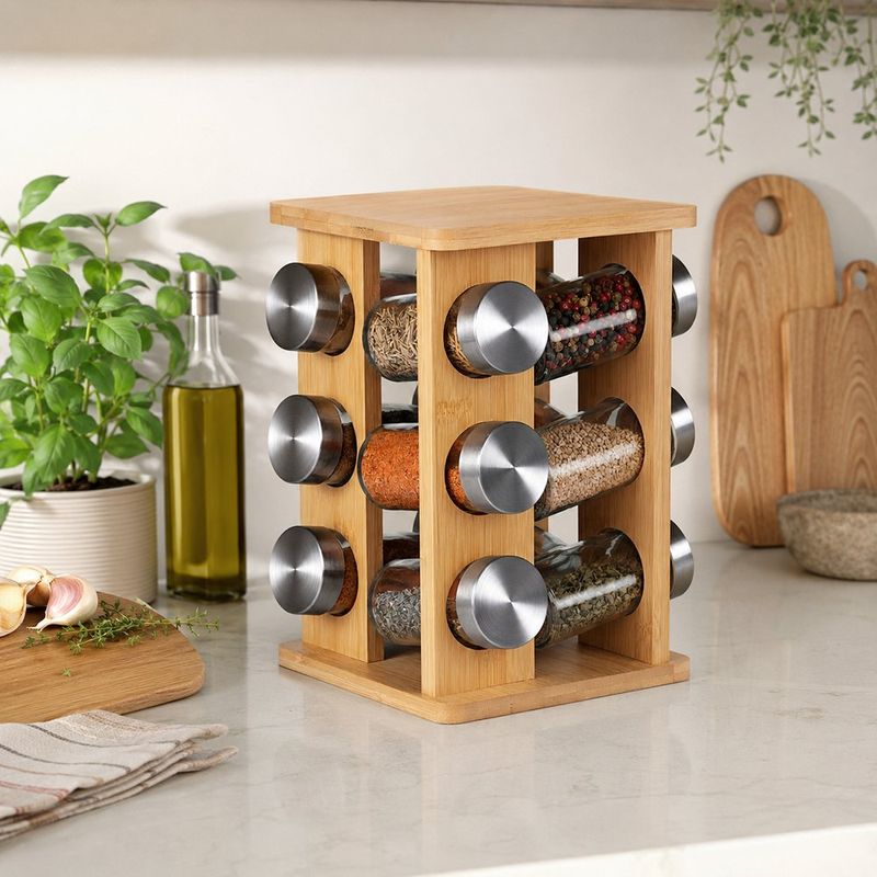 Porta Especias de Bambú con 12 Frascos de Vidrio para Cocina 15.4x23.5 Cm