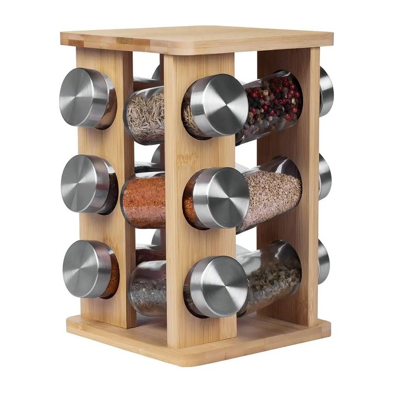 Porta Especias de Bambú con 12 Frascos de Vidrio para Cocina 15.4x23.5 Cm