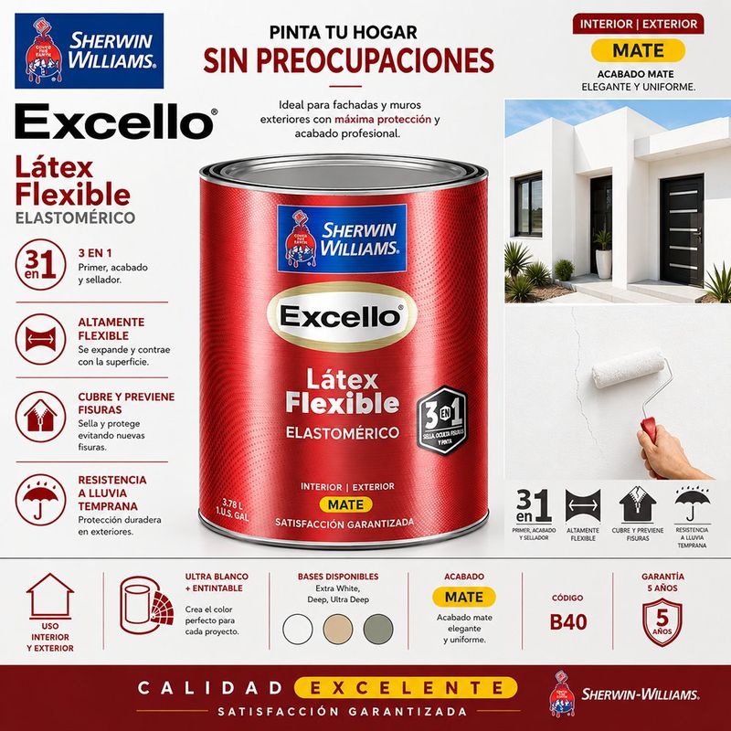 Pintura Elastomérica Sherwin Williams Excello Flexible Extra White Acabado Mate de 1 Galón