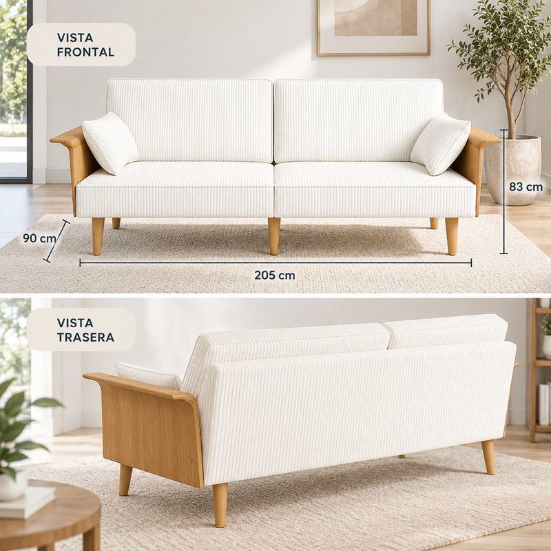 Sofá 3 Plazas Tapizado en Tela Tipo Pana con Brazos de Madera y Estructura de Metal para Sala Color Blanco