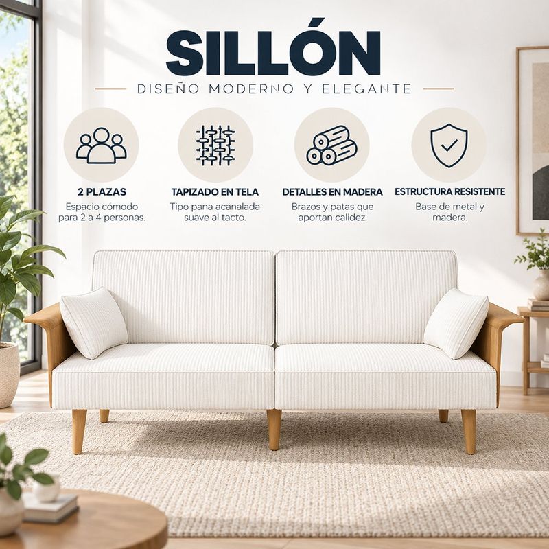 Sofá 3 Plazas Tapizado en Tela Tipo Pana con Brazos de Madera y Estructura de Metal para Sala Color Blanco
