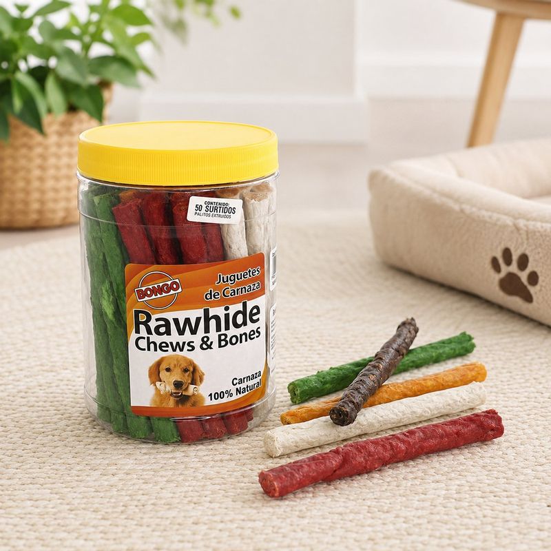 Snack Palitos de Carnaza Natural para Perro Sabores Surtidos Frasco de 50 Unidades