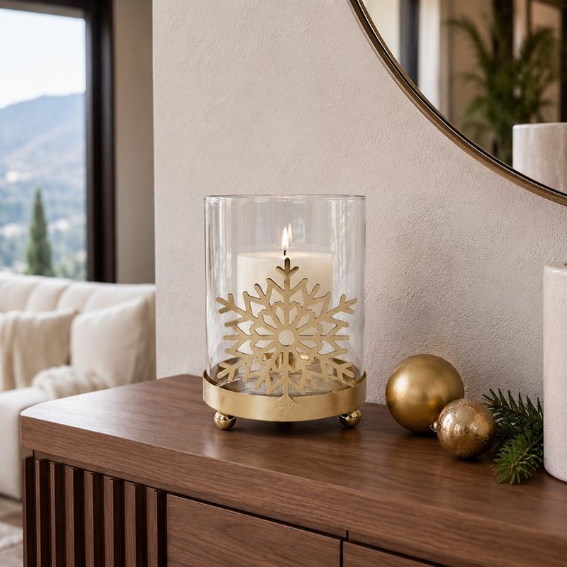 Candelero Navideño de Copo de Nieve Dorado con Vidrio 13 cm