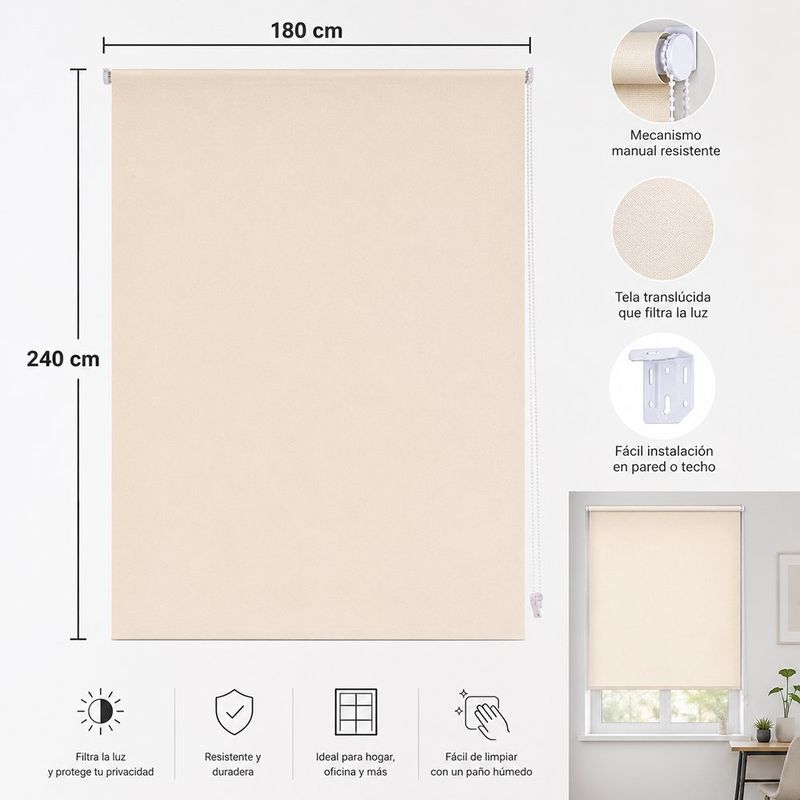 Cortina Enrollable Blackout de 180 x 240 Cm Color Blanco Crema