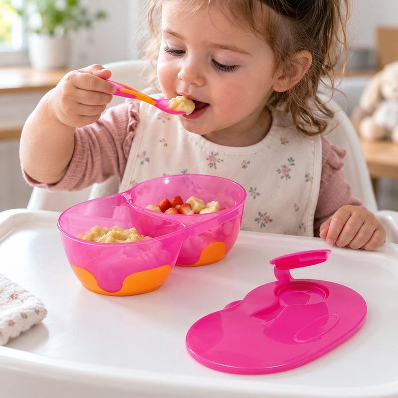 Plato de Comida Infantil con Divisón de 320 mL con Tapa Portacuchara, Cuchara y Base Antideslizante Color Rosado