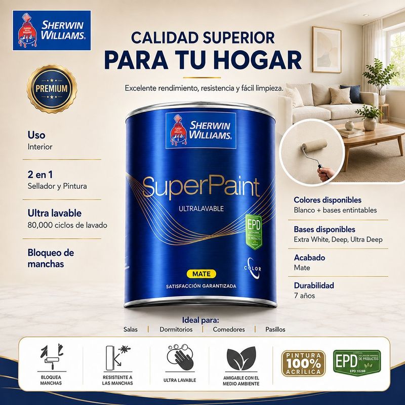 Pintura Acrílica Sherwin Williams SuperPaint Interior Base Deep Acabado Mate de 1 Galón