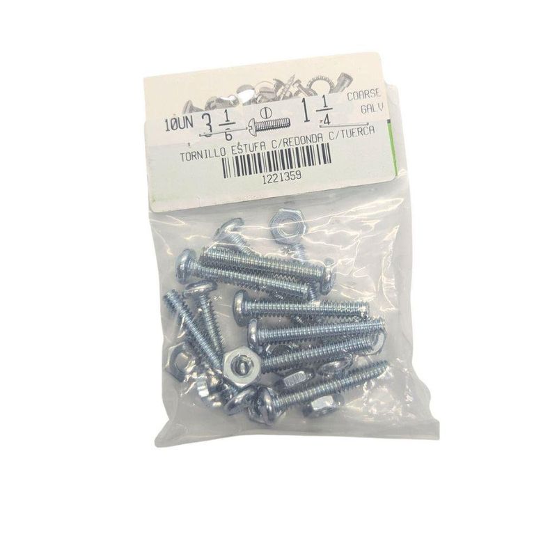 Kit de Tornillos de Estufa de 3/16 x 1-1/4 Plg con Tuercas en Bolsa de 10 Unidades