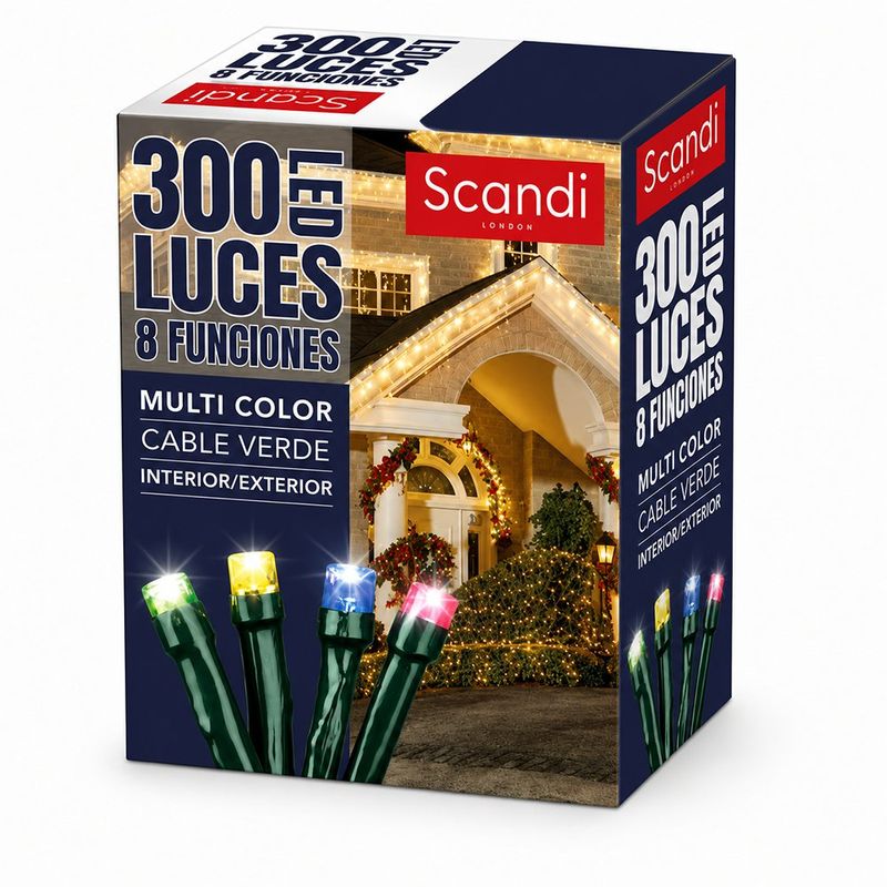 Serie de 300 Luces LED de 8 Funciones Multicolor con Cable Verde para Interior y Exterior
