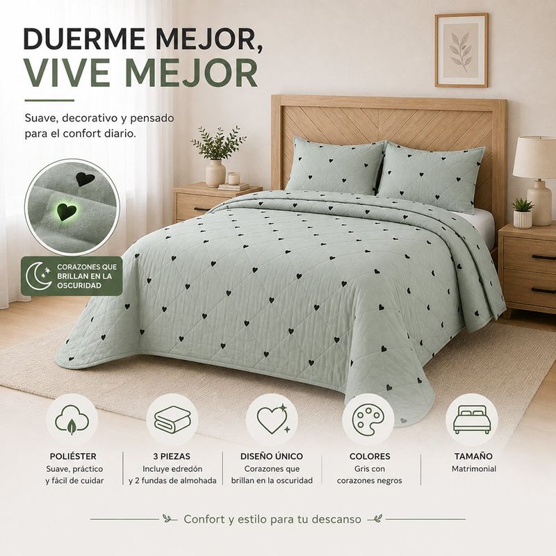 Set de Edredón 3 Piezas Tamaño Matrimonial Diseño Corazones Brilla en la Oscuridad