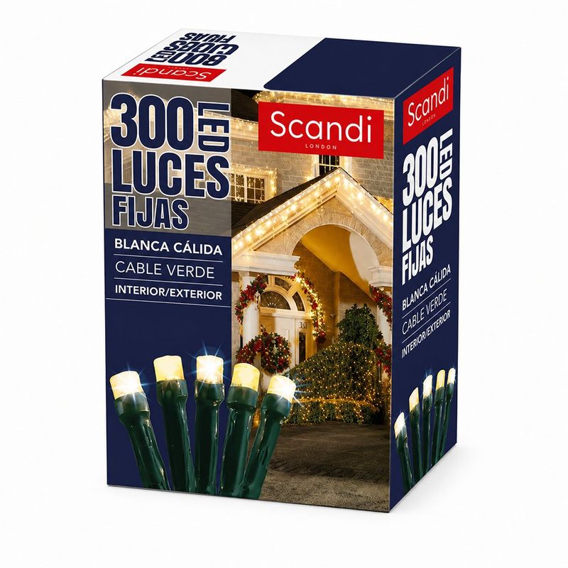 Serie de 300 Luces LED Fijas Blanco Cálido con Cable Verde para Interior y Exterior