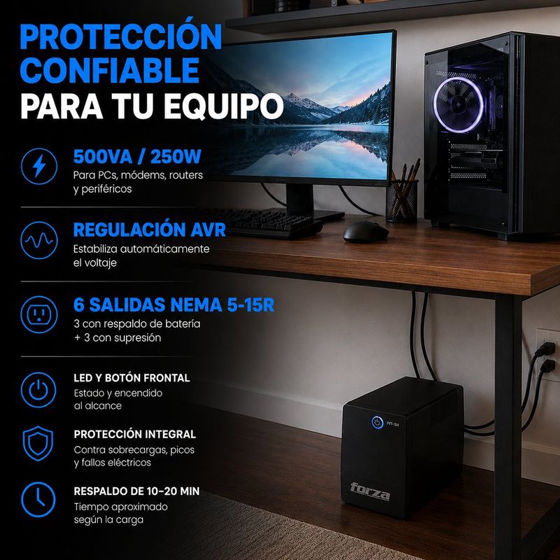 UPS Interactivo de 500VA / 250W con 6 Salidas y Respaldo de Batería