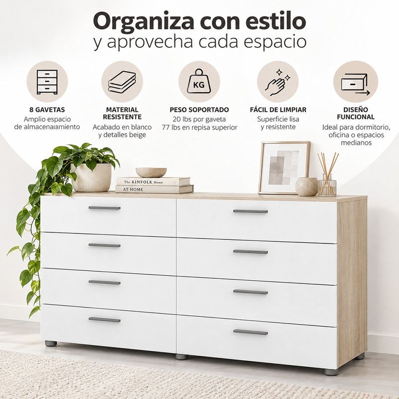Gavetero Turin con 8 Gavetas Color Blanco y Beige