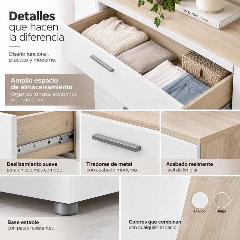Gavetero Turin con 8 Gavetas Color Blanco y Beige