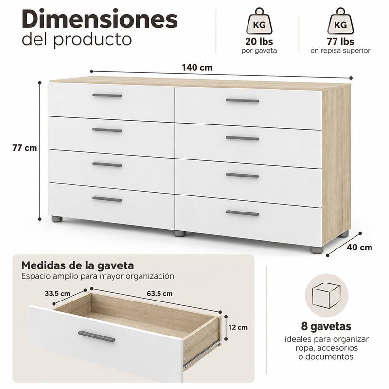 Gavetero Turin con 8 Gavetas Color Blanco y Beige