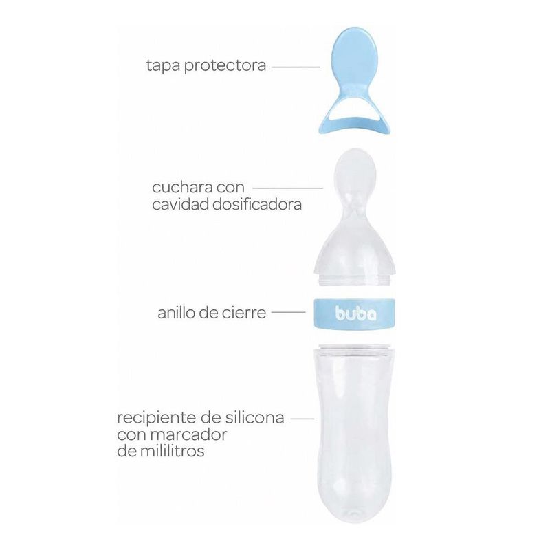 Cuchara Dosificadora de Silicona con Depósito de 90 mL y Tapa para Introducción Alimentaria Color Celeste