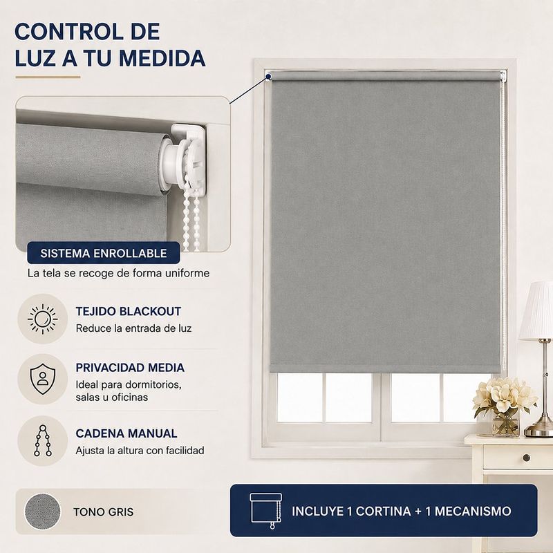 Cortina Enrollable Blackout de 120 x 240 Cm Color Gris
