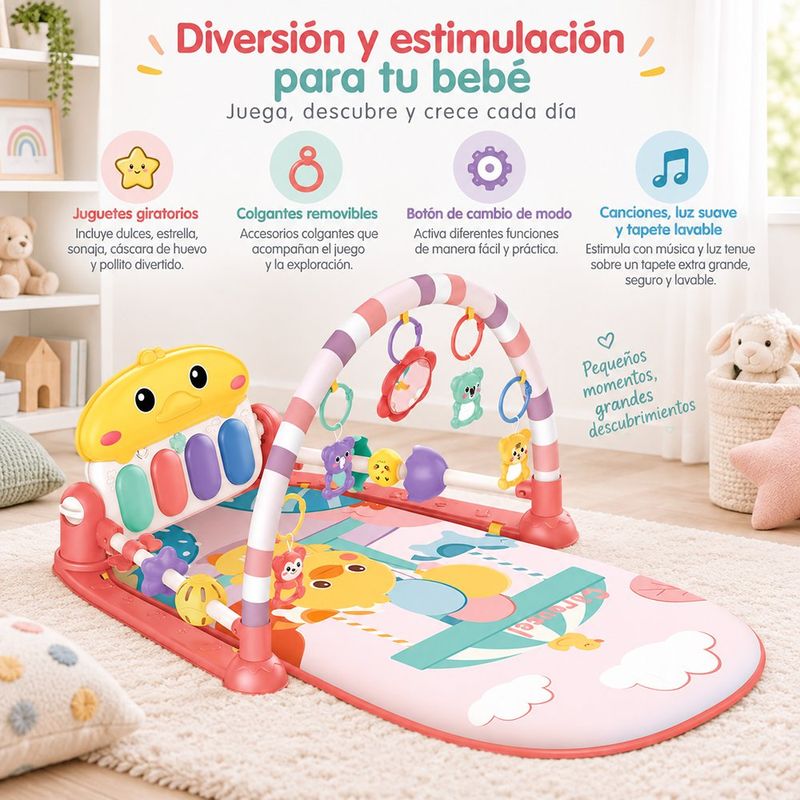 Gimnasio Interactivo Bebé Diseño Patito con Arco Desmontable, Piano y Juguetes Colgantes Multicolor