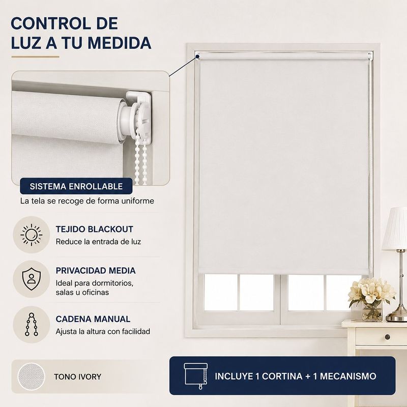Cortina Enrollable Blackout de 180 x 240 Cm Color Ivory