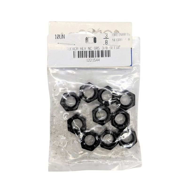 Tuerca Hexagonal Grado 5 NC 3/8-16 Set de 10 Unidades en Color Negro