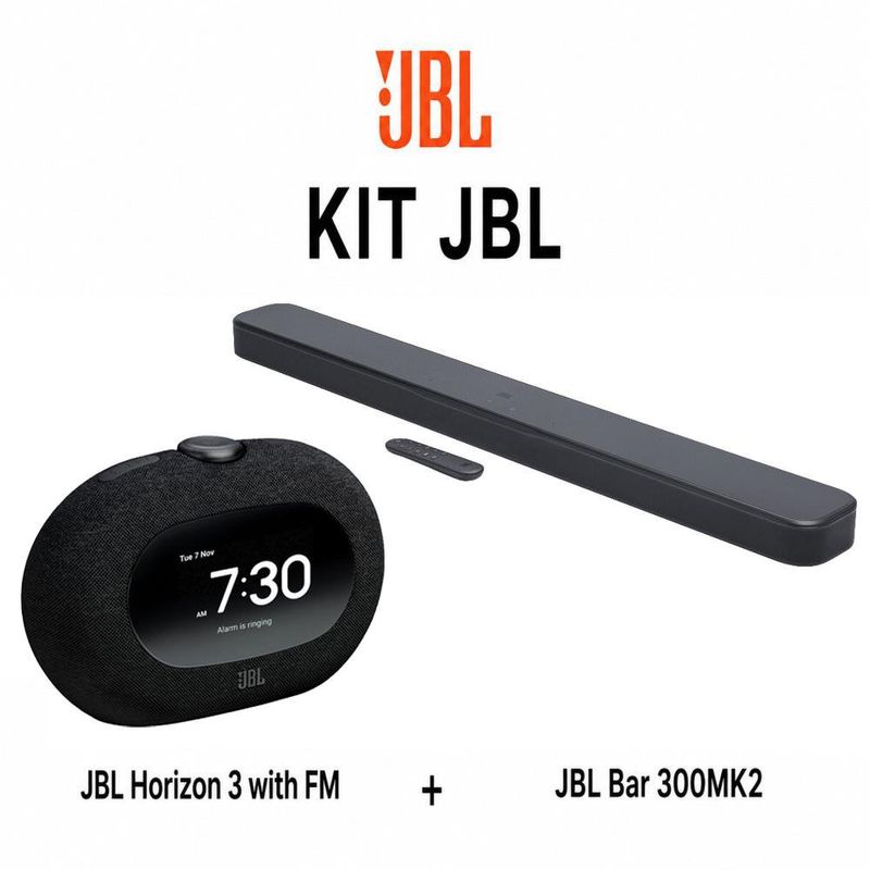 Kit Barra de Sonido Bar 300MK2 de 5.0 Canales y Radio Reloj Horizon 3 con FM y Bluetooth Negro, 2 Piezas