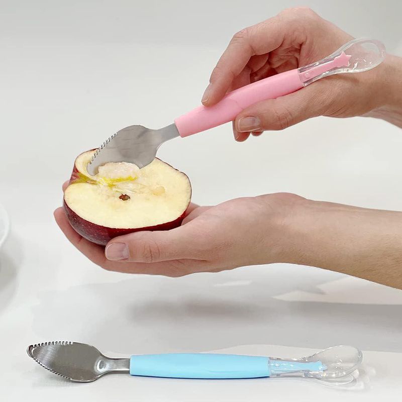 Cuchara 2 en 1 de Silicona para Raspar Frutas y Alimentar al Bebé Libre de BPA Color Rosado