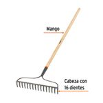 Rastrillo Jardinero Metálico de 16 Dientes con Cabeza de Acero y Mango de Madera 54 Plg