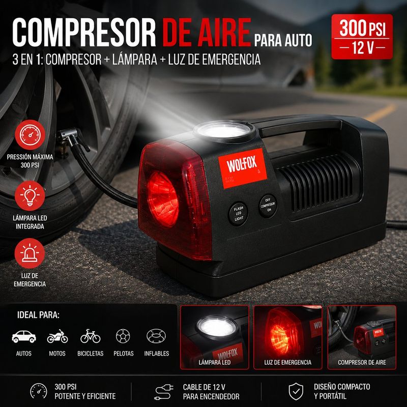 Compresor de Aire para Auto 3 en 1 de 300 PSI con Lámpara y Luz de Emergencia, 12 V