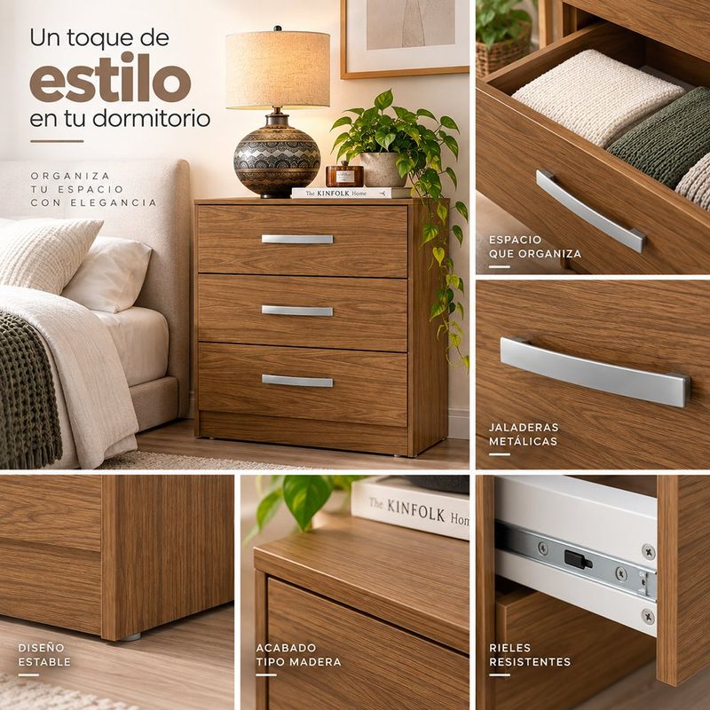 Gavetero Clara de MDF con 3 Gavetas y Jaladeras Metálicas 71 x 45 x 77 Cm Color Café